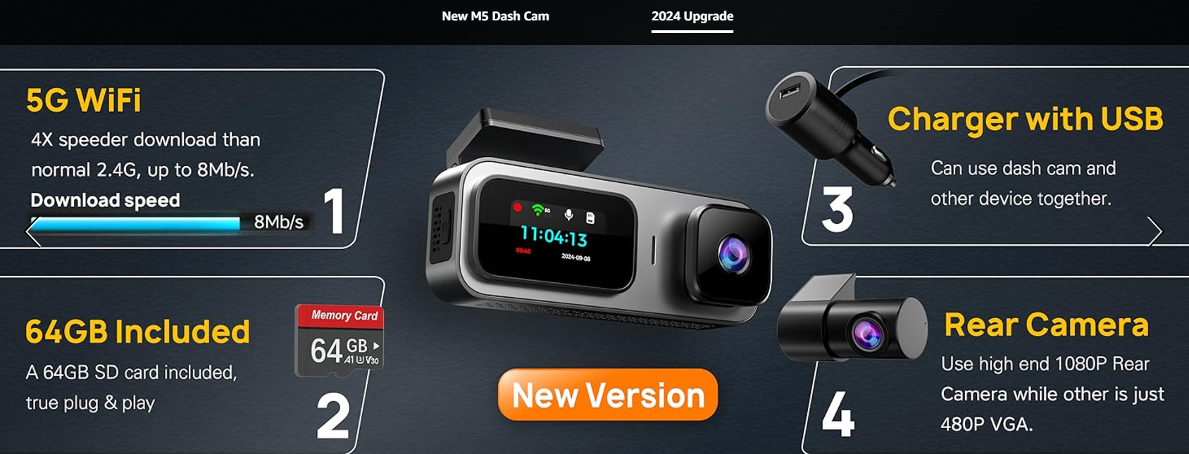 The Anyski M5 Dash Cam comes with 5G WiFi for fast downloads, a 64GB SD card for ample storage, a charger with USB for simultaneous device use, and a high-end 1080P rear camera. This new version ensures reliable performance and easy setup.