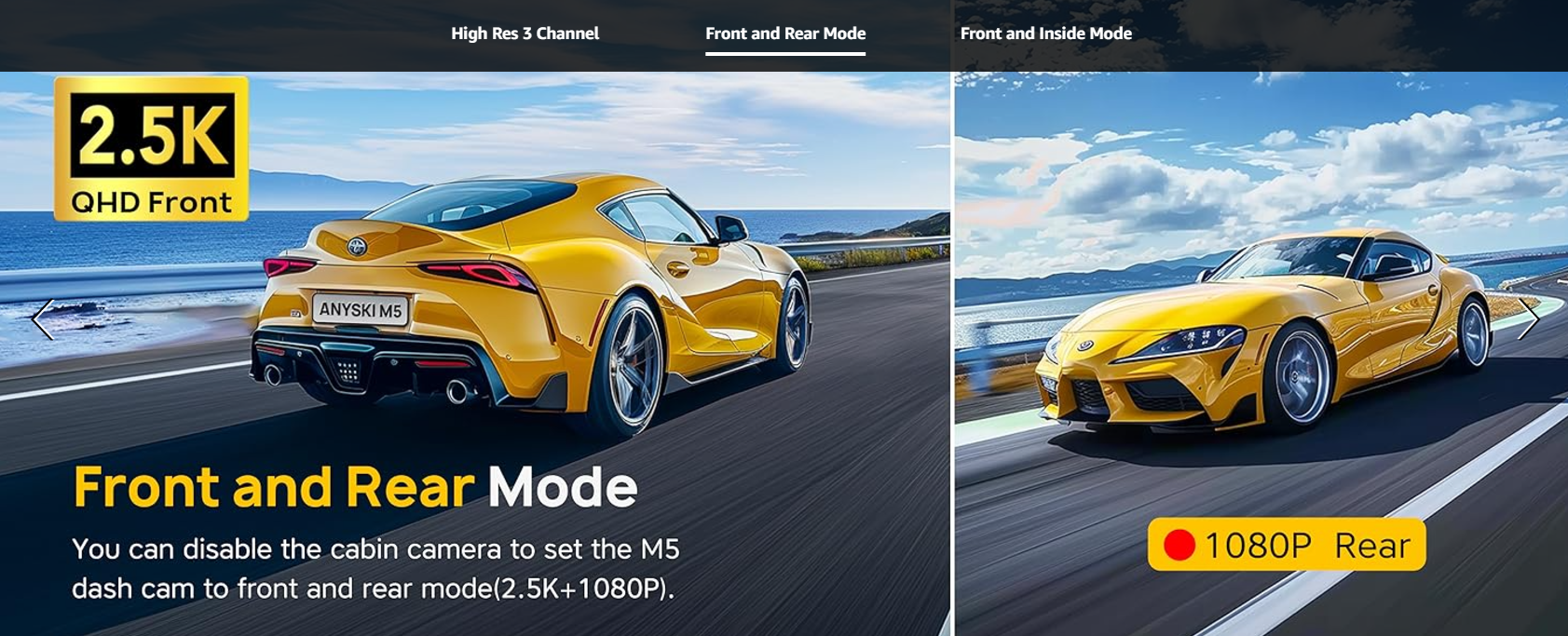 The Anyski M5 Dash Cam supports front and rear mode, allowing you to disable the cabin camera for 2.5K front and 1080P rear recording. Ideal for drivers who need clear visibility from both the front and rear of their vehicle, this mode enhances safety on the road.