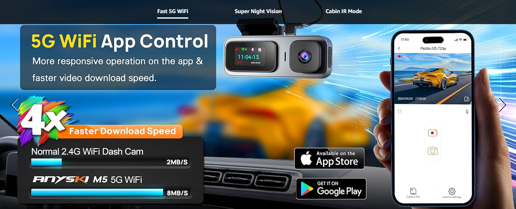 Anyski M5 Dash Cam with fast 5G WiFi app control, offering more responsive operation and a 4x faster download speed compared to normal 2.4G WiFi dash cams. Available on the App Store and Google Play for seamless integration.