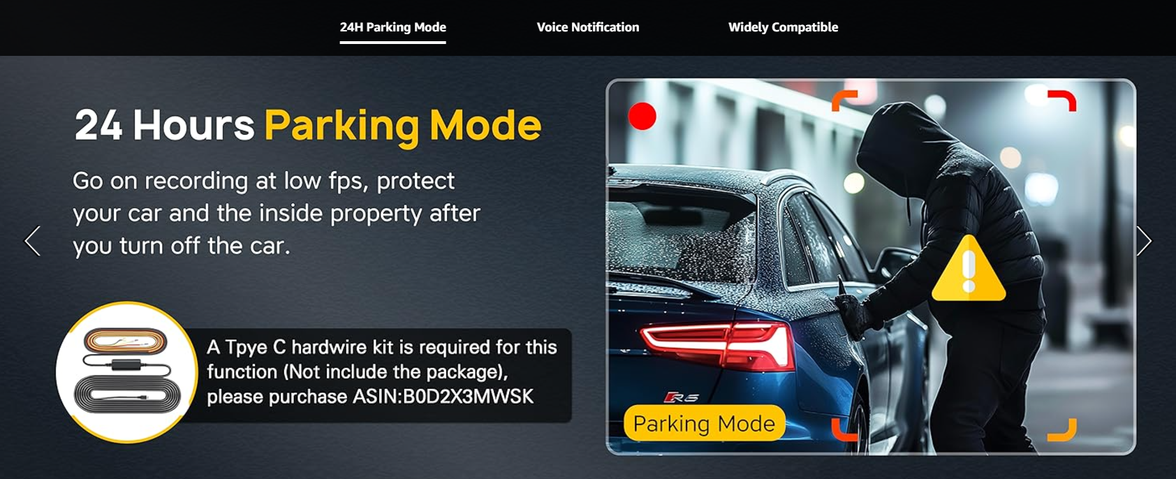 Anyski Dash Cam with 24-hour parking mode ensures continuous low FPS recording to protect your car and its contents. The Type C hardware kit is required for this function, ensuring peace of mind even when the car is turned off.