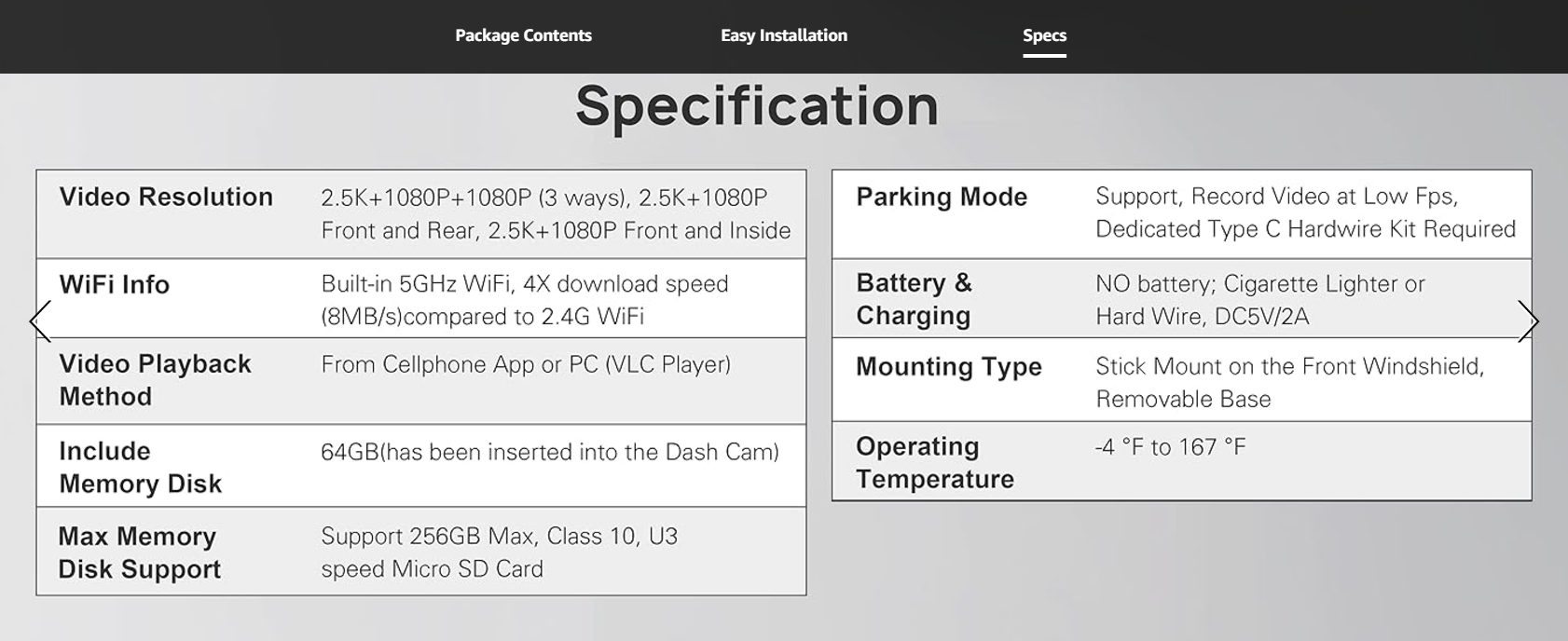 Detailed specifications of the Anyski M5 Dash Cam: Video resolution up to 2.5K + 1080P, built-in 5GHz WiFi for fast downloads, video playback via cellphone app or PC, included 64GB memory disk, support for up to 256GB microSD cards, parking mode, and operating temperature range from -4°F to 167°F.