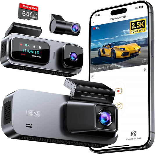 Anyski Dual Channel Dash Cam with 2.5K QHD Front, 1080P Inside, and 1080P Rear recording. The compact design features a high-resolution camera lens and a smartphone app interface for easy viewing. Perfect for drivers who need reliable and clear footage of their journeys.