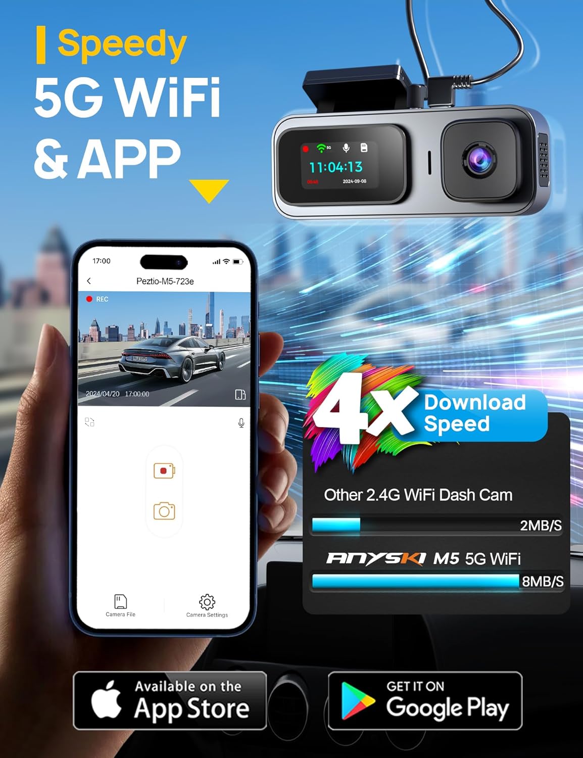 Stay connected with the Anyski Dash Cam's speedy 5G WiFi and dedicated app. Enjoy seamless integration with your smartphone for real-time video streaming and quick downloads. Download speed up to 4x faster than other 2.4G WiFi dash cams, ensuring you never miss a beat on the road.