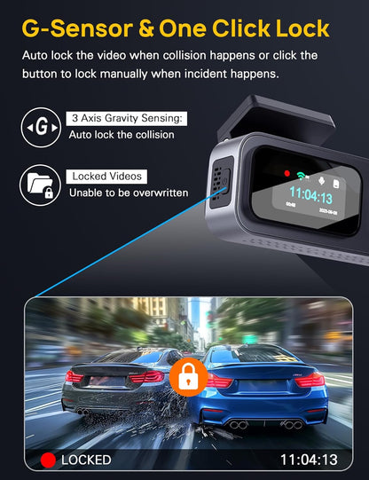 Enhance your driving safety with the Anyski Dash Cam's G-Sensor and One Click Lock. Automatically lock videos during collisions or manually lock them during incidents. With 3-axis gravity sensing, important footage is protected from being overwritten, providing peace of mind on every journey.