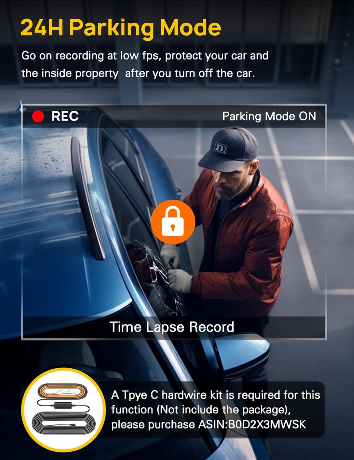 Anyski Dash Cam's 24-hour parking mode ensures continuous low FPS recording to protect your vehicle and its contents. The time-lapse record feature captures any incidents while you're away, providing peace of mind. A Type C hardware kit is required for this function.