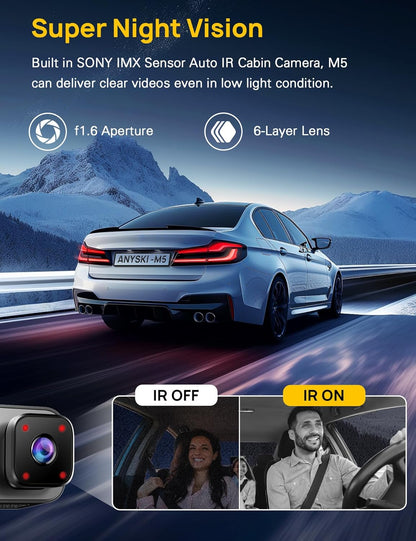 Experience superior night vision with the Anyski Dash Cam, featuring a built-in Sony IMX sensor and auto IR cabin camera. With an f1.6 aperture and 6-layer lens, it delivers clear videos even in low light conditions. The IR on/off functionality ensures optimal visibility during nighttime drives.