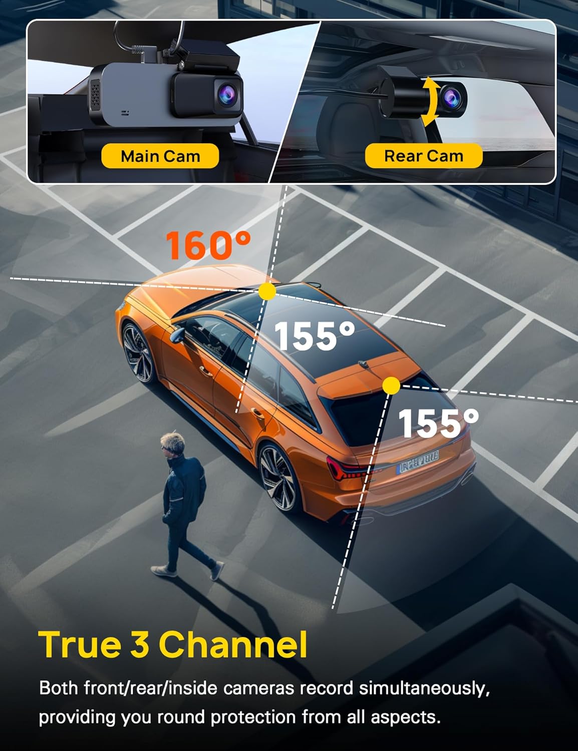 The Anyski Dash Cam offers true 3-channel protection with simultaneous front, rear, and inside cameras. The main cam and rear cam provide a wide 155-degree angle, ensuring comprehensive coverage. This feature is ideal for drivers who need round-the-clock protection from all angles.