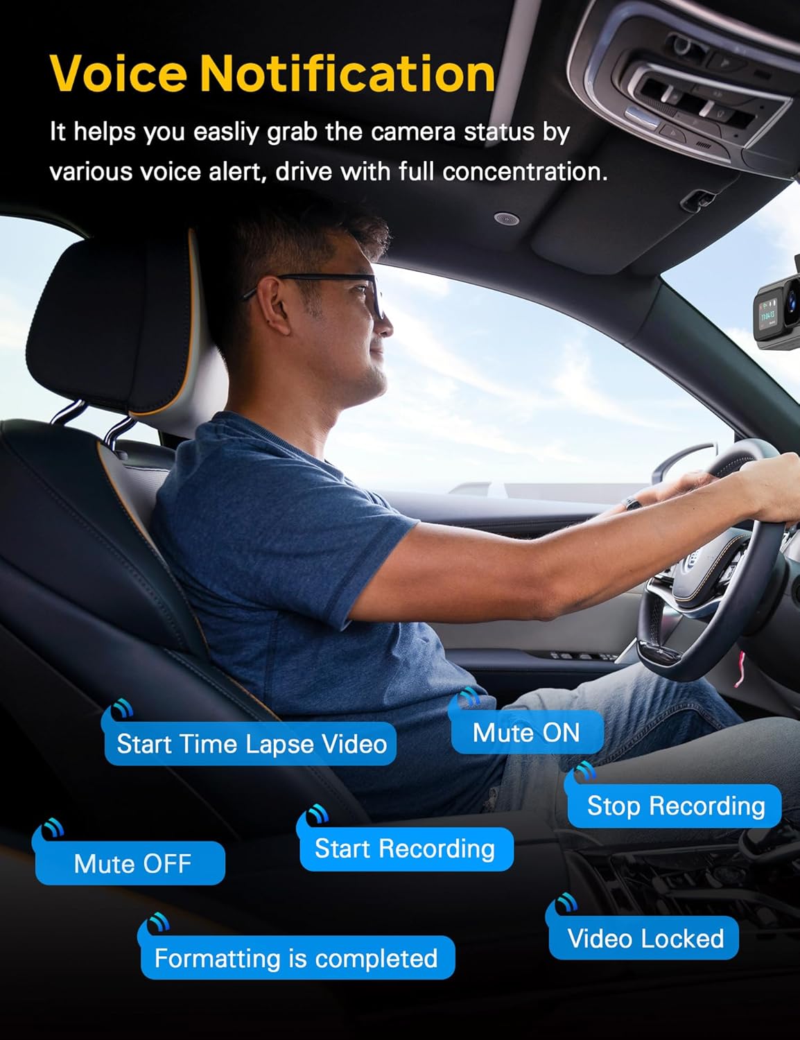 Stay informed and focused on the road with the Anyski Dash Cam's voice notification system. Receive real-time alerts for various functions like start time lapse video, mute on/off, stop recording, and video locked. This feature helps you easily manage the camera status while driving.